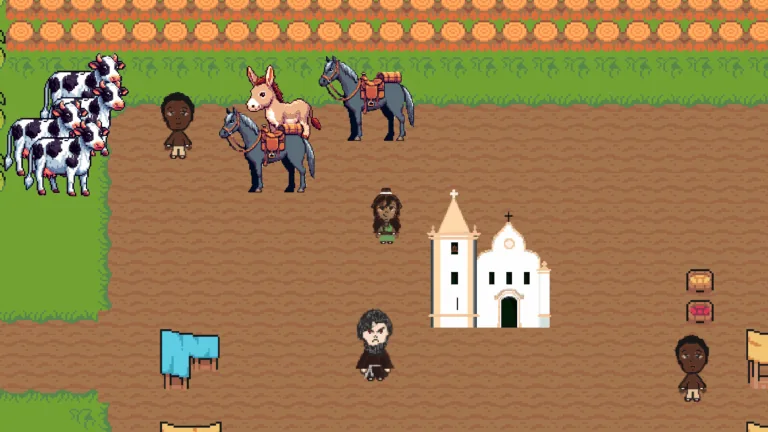 Cena do Iaiá Game: vila colonial com igreja, vacas, cavalos, um jumento e personagens em pixel art.