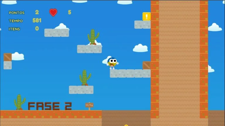Fase 2 do Jacogame: personagem azul e amarelo sobre plataformas de pedra, com cactos ao fundo.